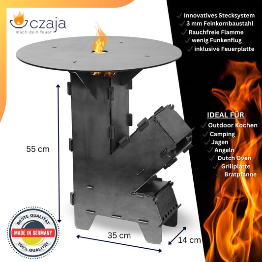 Czaja Rocket Stove with extra strong 5 mm grill plate - robust rocket stove made of 3 mm steel | Wood stove & camping stove | BBQ rocket for camping & outdoor | Made in Germany