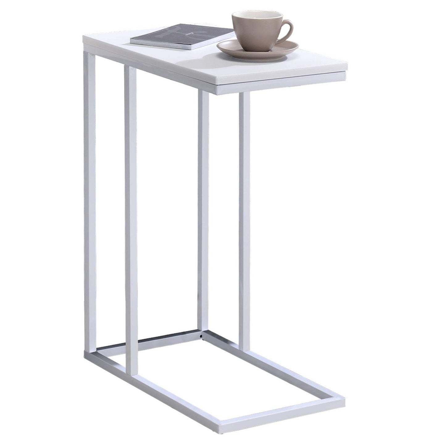 Side table Debora, practical living room table in C-shape, lovely coffee table with rectangular white tabletop, elegant sofa table with white metal frame.