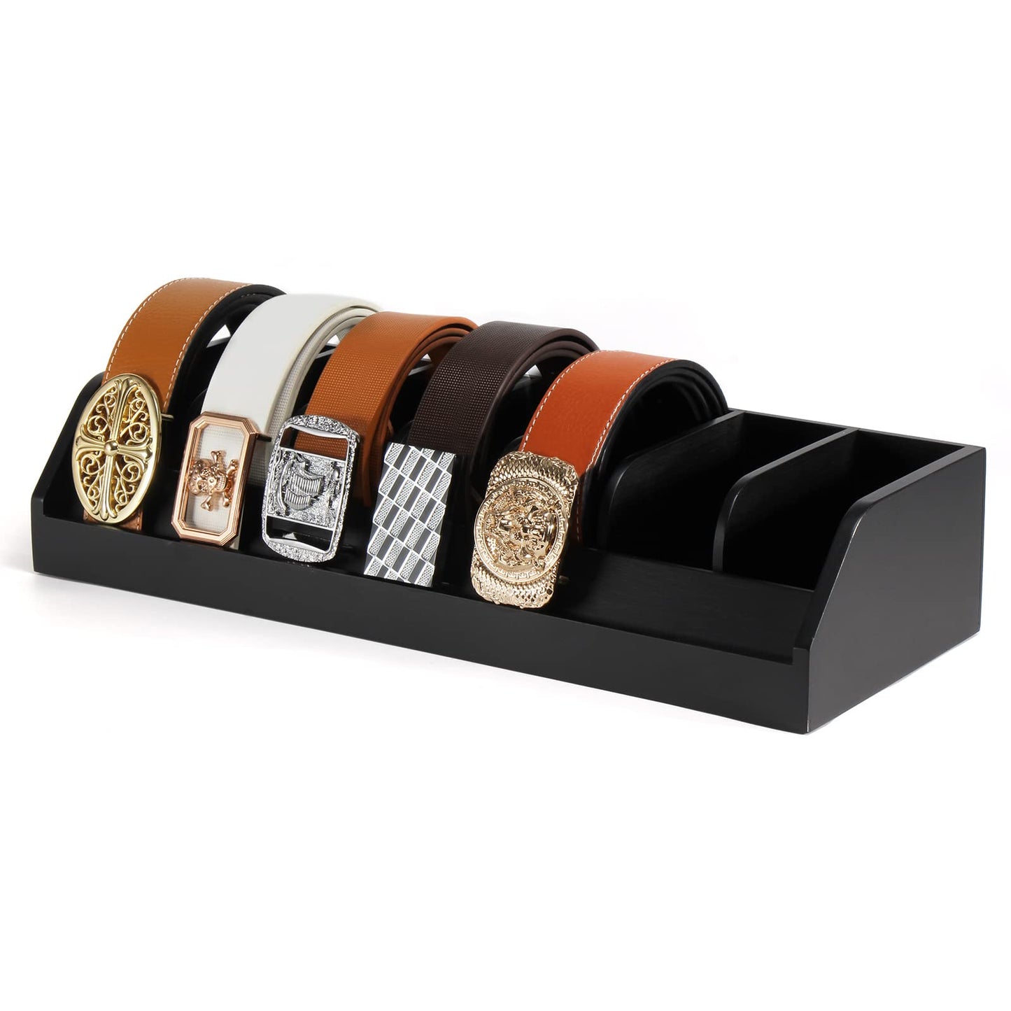 B4Life Belt Storage, 7 Compartment Belt Holder for Men, Bamboo Belt Display Rack for Closet and Drawer, Belt Showcase, Belt Organizer for Wall Belt Hanger (Black)