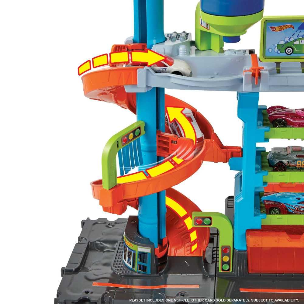 Hot Wheels City Race Track with Car Wash, color-changing feature, includes 1 toy car, suitable for kids aged 4 and up, HDP05.