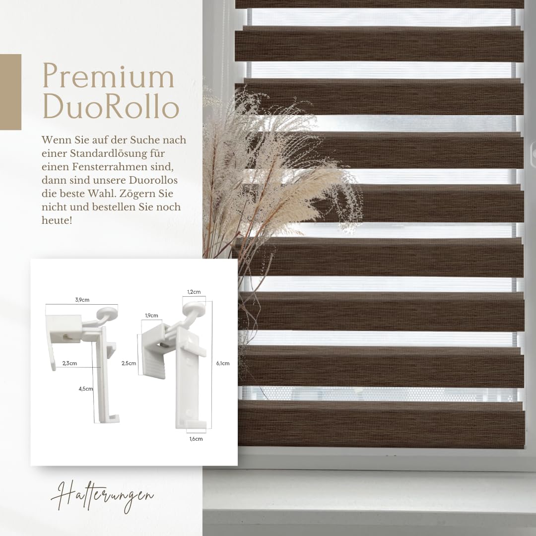 Home-Vision® DuoRollo Clamp Fix, Double Roller Shade without drilling with clamp brackets, DuoRollers for windows and doors (wood look Brown, W70cm x H150cm)