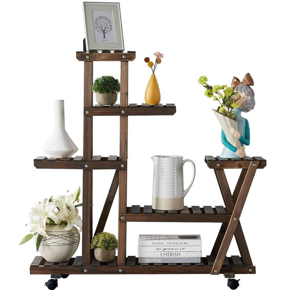 Yaheetech wooden plant stand with wheels, plant shelf, balcony flower rack, wooden flower bench, multi-tiered, 97.5 x 33 x 101cm.