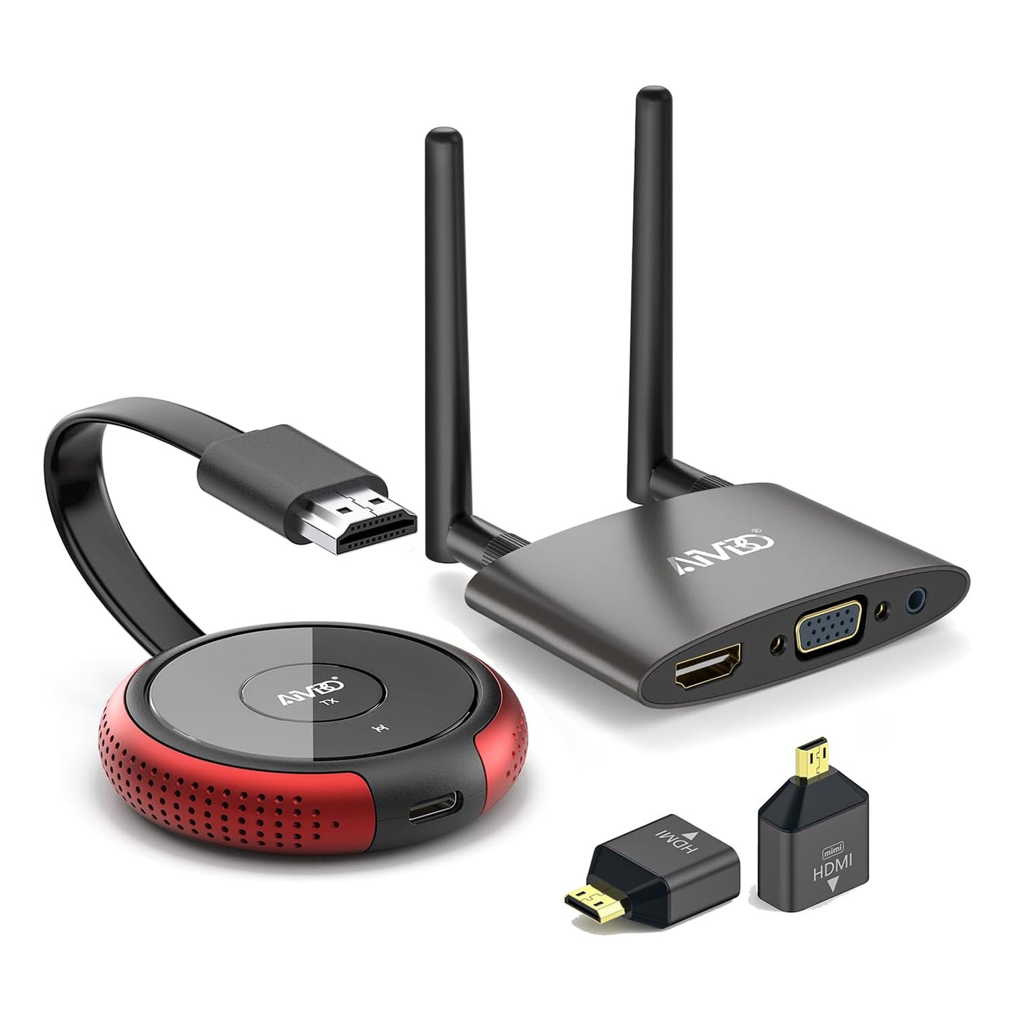 AIMIBO Wireless HDMI Transmitter and Receiver 4K/5G, 2-in-1 HDMI Wireless USB-C/HDMI Transmitter and Receiver, 165 feet/50m video streaming with HDMI/VGA dual screen for HDTV, set-top box, SkyQ.