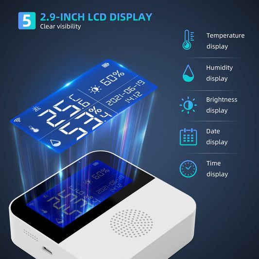 WiFi temperature sensor with waterproof external probe, Tuya smart temperature humidity monitor with backlight LCD display, buzzer alarm & app notification alert. Remote monitor for incubator and wine cellar.