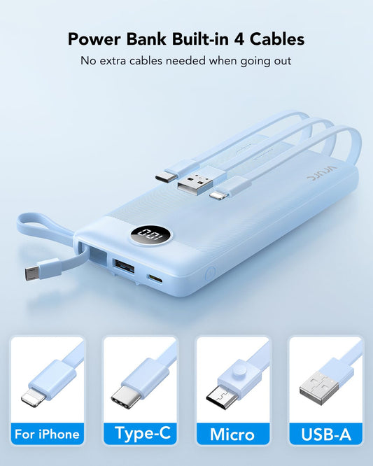 VRURC Powerbank 10000mAh with Cable, Portable Power Bank Charger USB C External Phone Batteries LED Display with 5 Outputs 2 Inputs Compatible with iPhone/Huawei/Samsung Smartphone, etc. - Blue