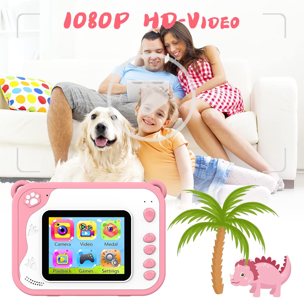 Children's camera, digital camera, instant print camera, 1080P, 2.4-inch screen, video camera, black and white film camera with 32GB card, 3 rolls of printing paper, 5 colored brush pens. A gift for children aged 3-12 years.