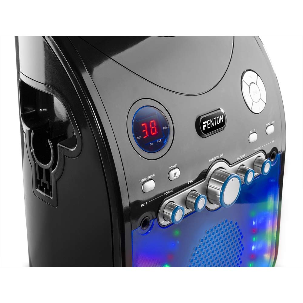 Fenton SBS20B Karaoke system with 2 microphones, CD PLUS G-player, kids karaoke machine with Bluetooth and built-in speaker, LED lighting, AV OUT, radio for kids - Black.