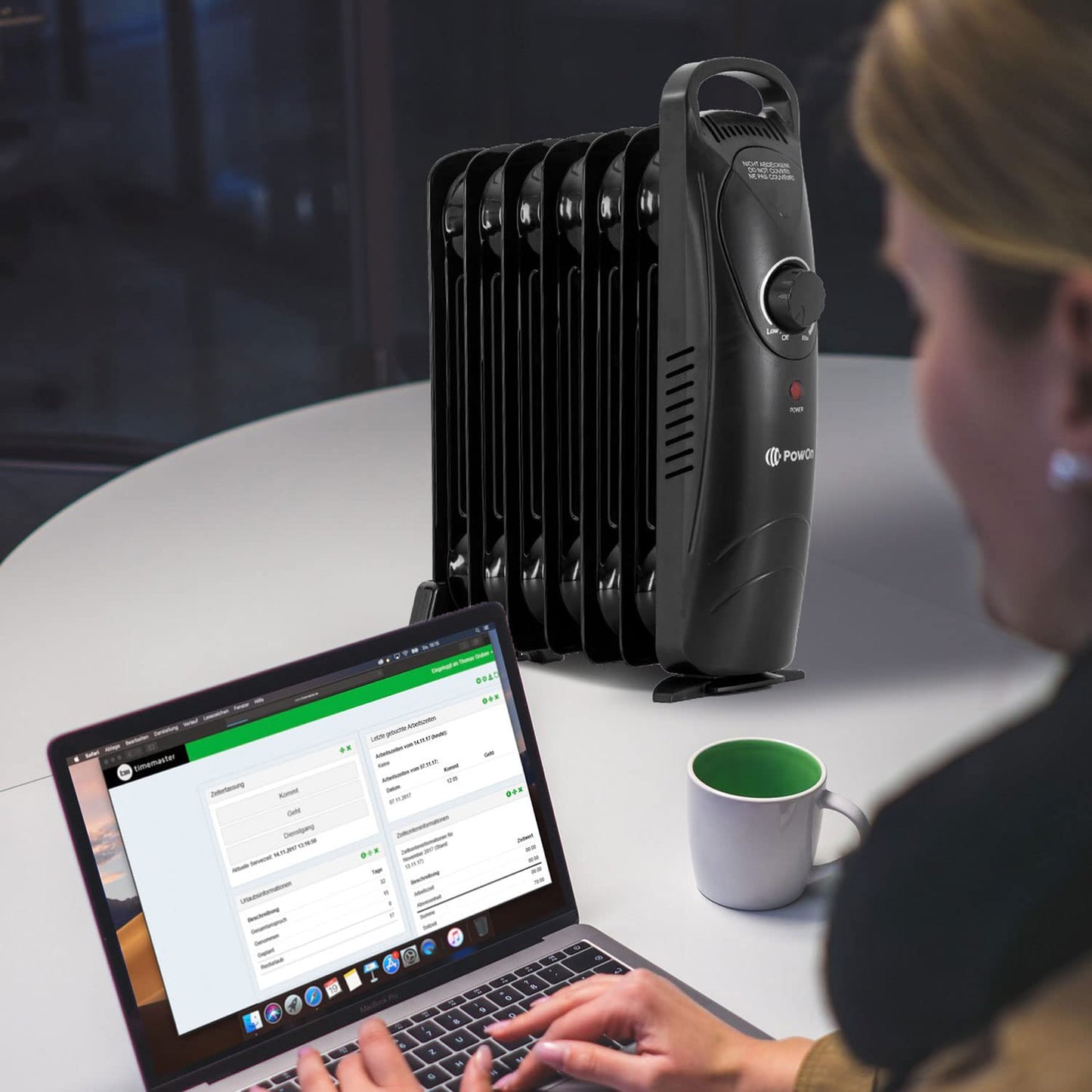 600W Oil Radiator by PowOn with 7 fins - 30x14x38 Electric Heater, Energy-efficient. Great for saving energy, this electric oil radiator offers effective heating for your space.