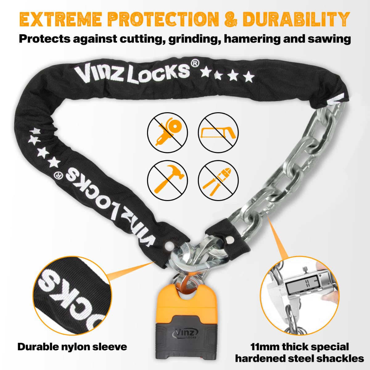 VINZ Makalu chain lock 300cm ø11mm | ART 4 certified | Motorcycle lock Moped lock Scooter & E-scooter | Motorcycle chain lock & armored lock | 120-300 cm (300 cm)