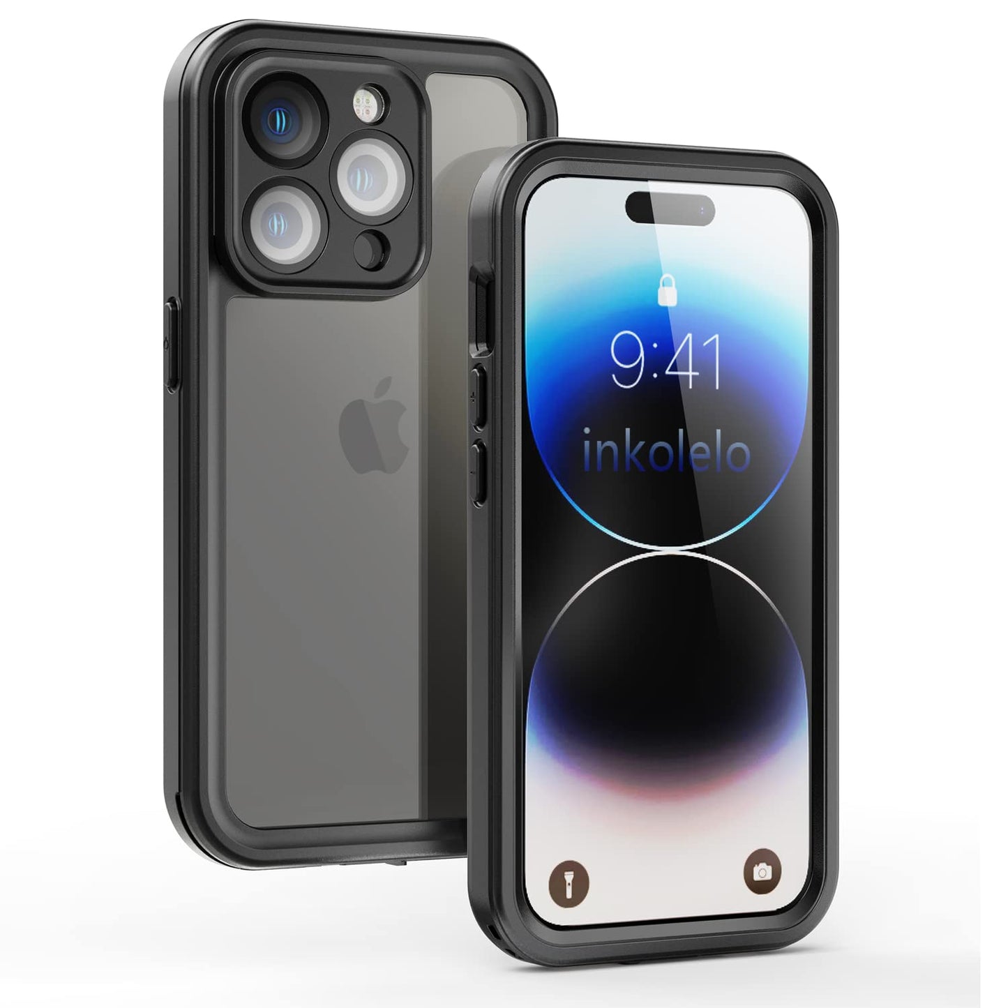 Inkolelo waterproof case for iPhone 14 Pro, 360-degree protection underwater phone case with floating wrist strap, IP68 waterproof dustproof shockproof phone pouch 6.1" (Black/Orange)