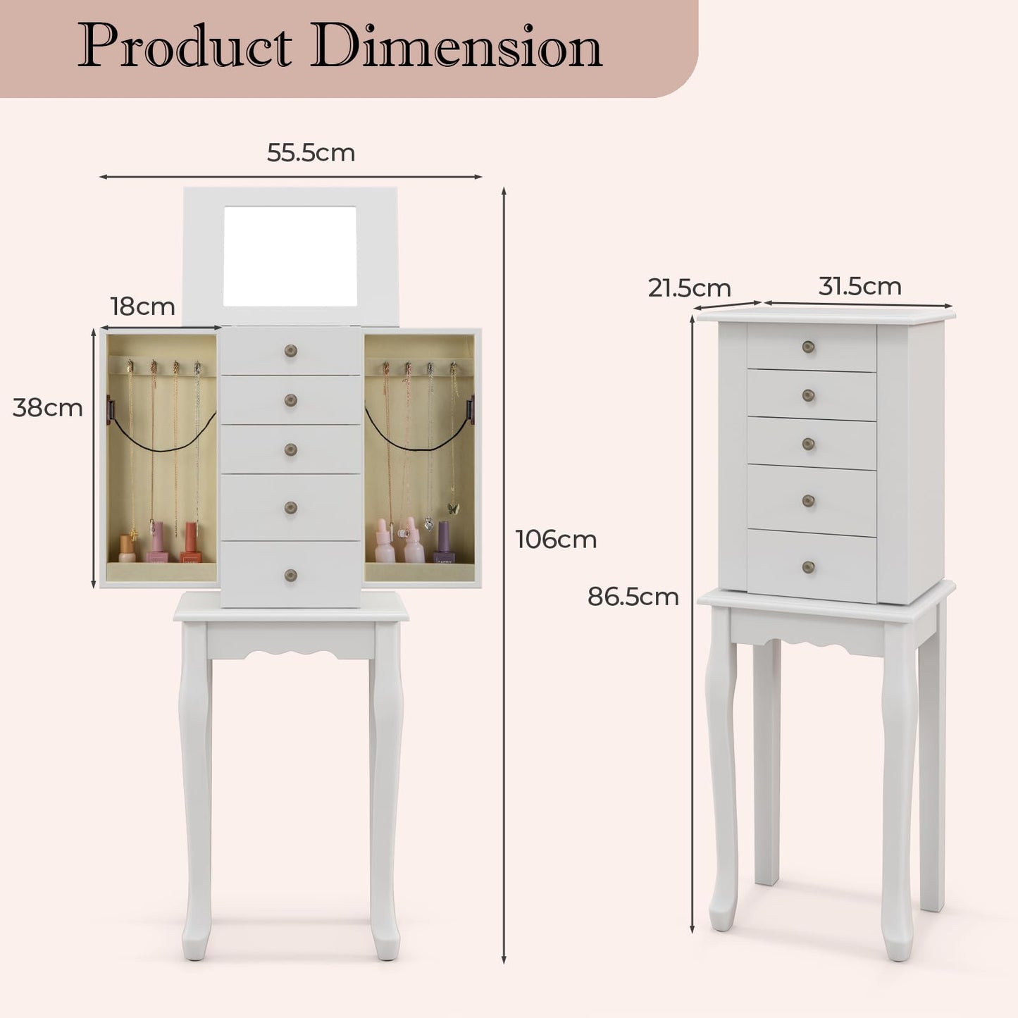 HOMASIS Jewelry Box with 4 Drawers & 8 Hooks, Jewelry Cabinet with Mirror, Jewelry Case with 4 Solid Wood Legs, Jewelry Storage for Wardrobe, Bathroom, Bedroom, White