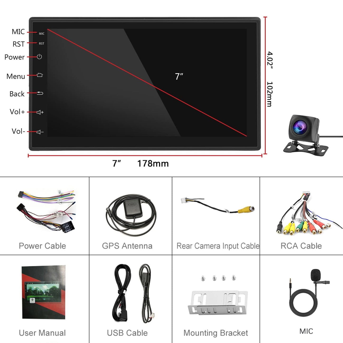 Hodozzy Android car stereo 2G+64G Wireless CarPlay Android Auto Double Din Radio with navigation 7 inch touchscreen GPS Bluetooth WiFi FM RDS Radio Rearview camera ISO adapter cable