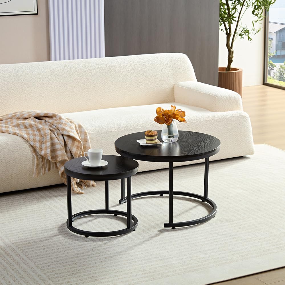 Home Heaven® Coffee Table Round Black 2 Pack - Round Living Room Tables Wood for Lounge - Ø60cm Ø40cm