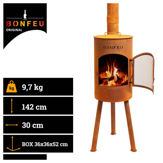 BonFeu Bongiano SP rust - patio fireplace - fire pit with spark protection for relaxing evenings - outdoor fire column - patio fireplace with grill grate - garden oven made of high-quality steel - 30x30x142cm