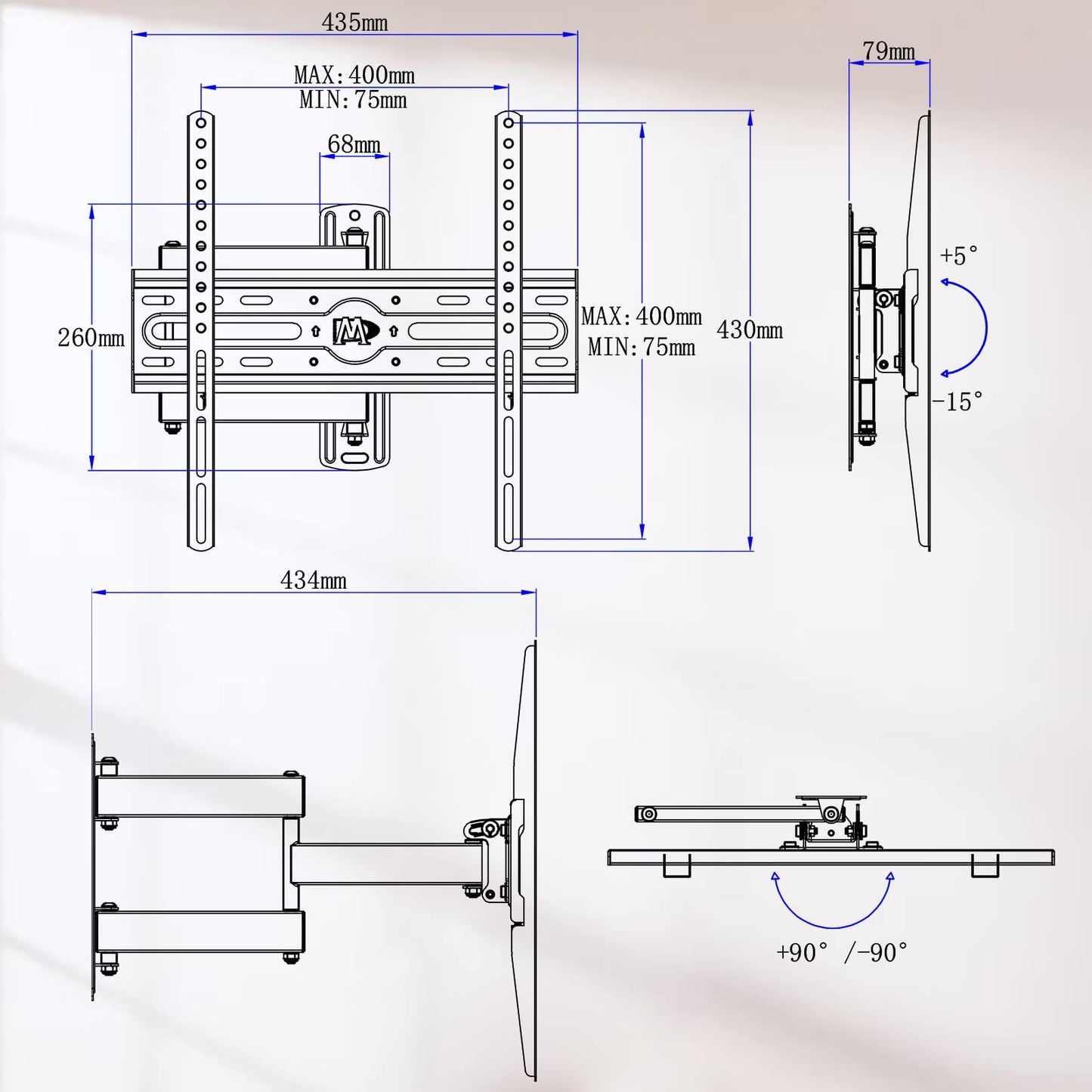 Mounting Dream TV wall mount swivel tilt extendable, TV wall mount for 26-60 inch flat & curved TVs or monitors up to 27kg, max. VESA 400x400mm, MD2432-03