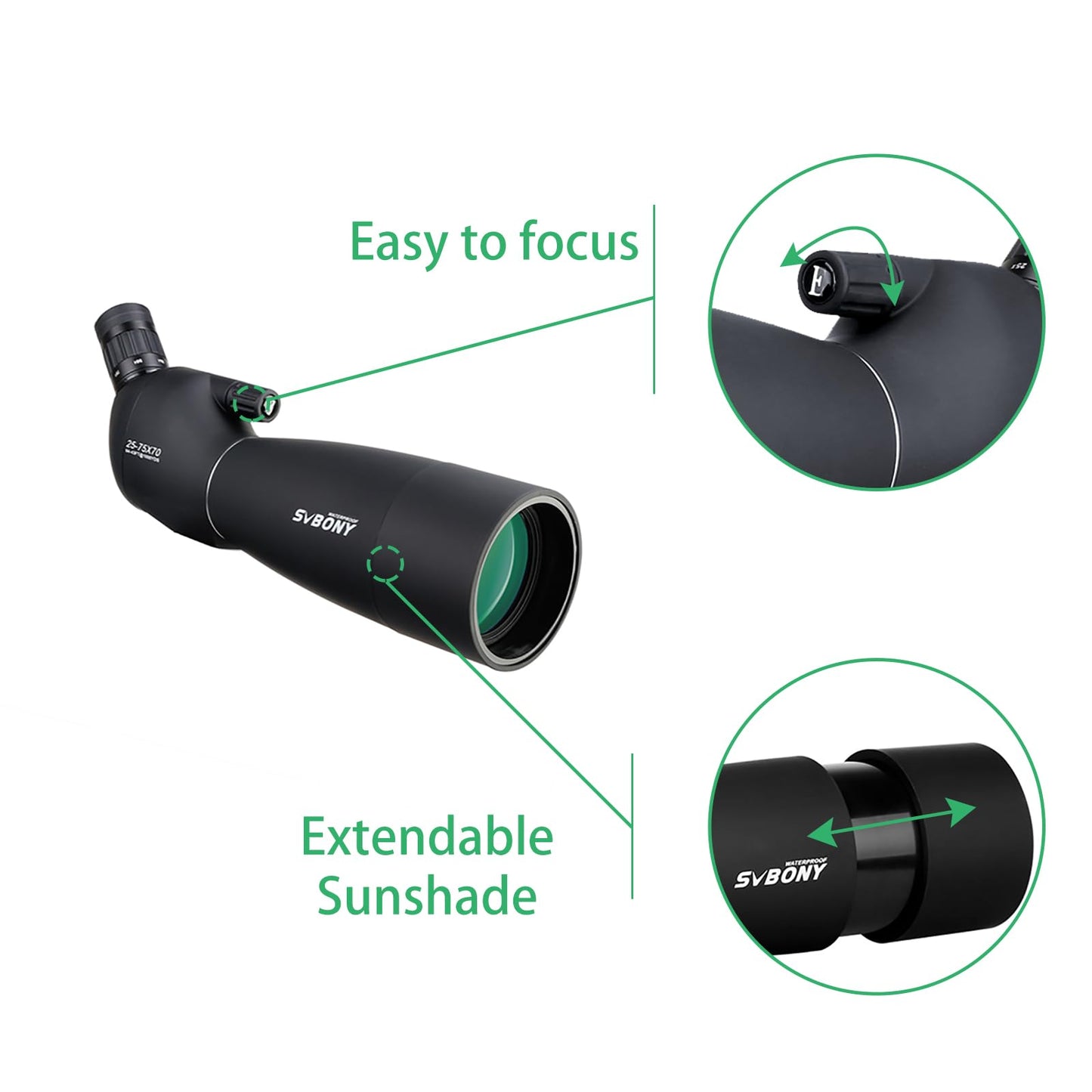 Svbony SV28 Spotting Scope, 25-75x70 Spotting Scope with Tripod, HD BAK4 Prism FMC Lens Spotting Scope with Phone Adapter for target shooting, archery, bird watching, moon viewing.