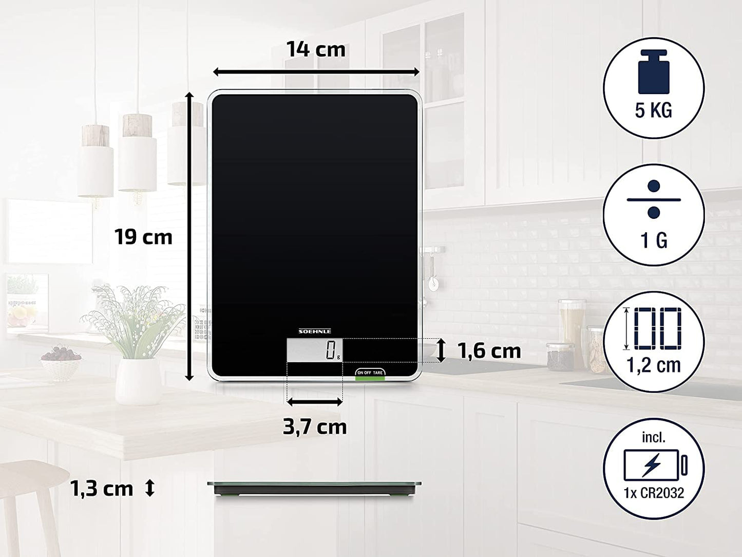 Soehnle Page Compact 100, digital kitchen scale, weight up to 5 kg (accurate to 1 g), household scale with convenient tare function, electronic scale including batteries, compact size, black.