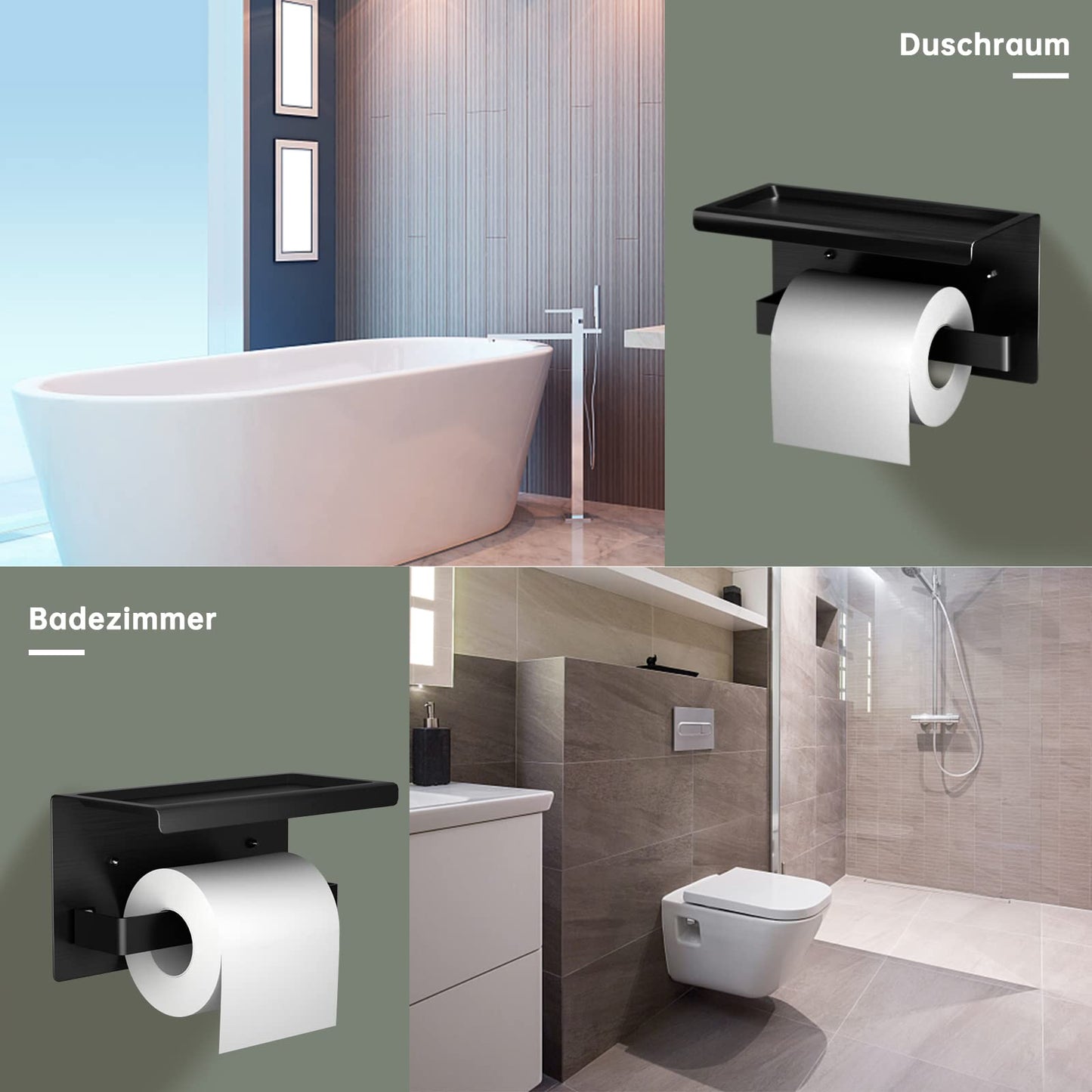 Acmetop toilet paper holder without drilling, aluminum TP holder with 17 cm shelf. Self-adhesive toilet paper holder with 2 adhesive hooks for wall mounting. Toilet roll holder for kitchen and bathroom in black.