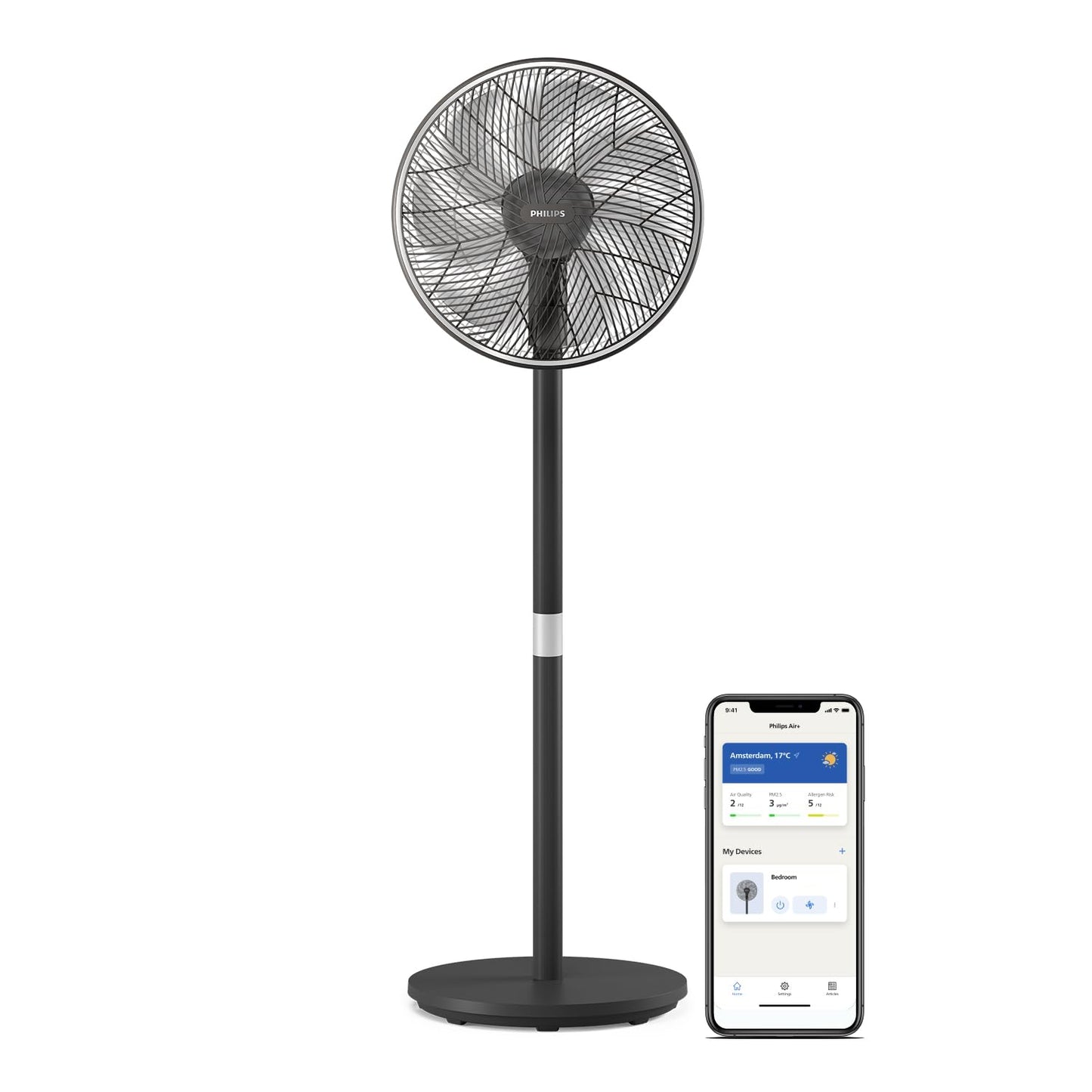 PHILIPS Smart Stand Fan Series 3000. Powerful & extremely quiet SilentWings technology. 19 dB. 2-in-1 table & stand fan. Adjustable tilt & oscillation. App control. 12-hour timer. Black (CX3550/01)