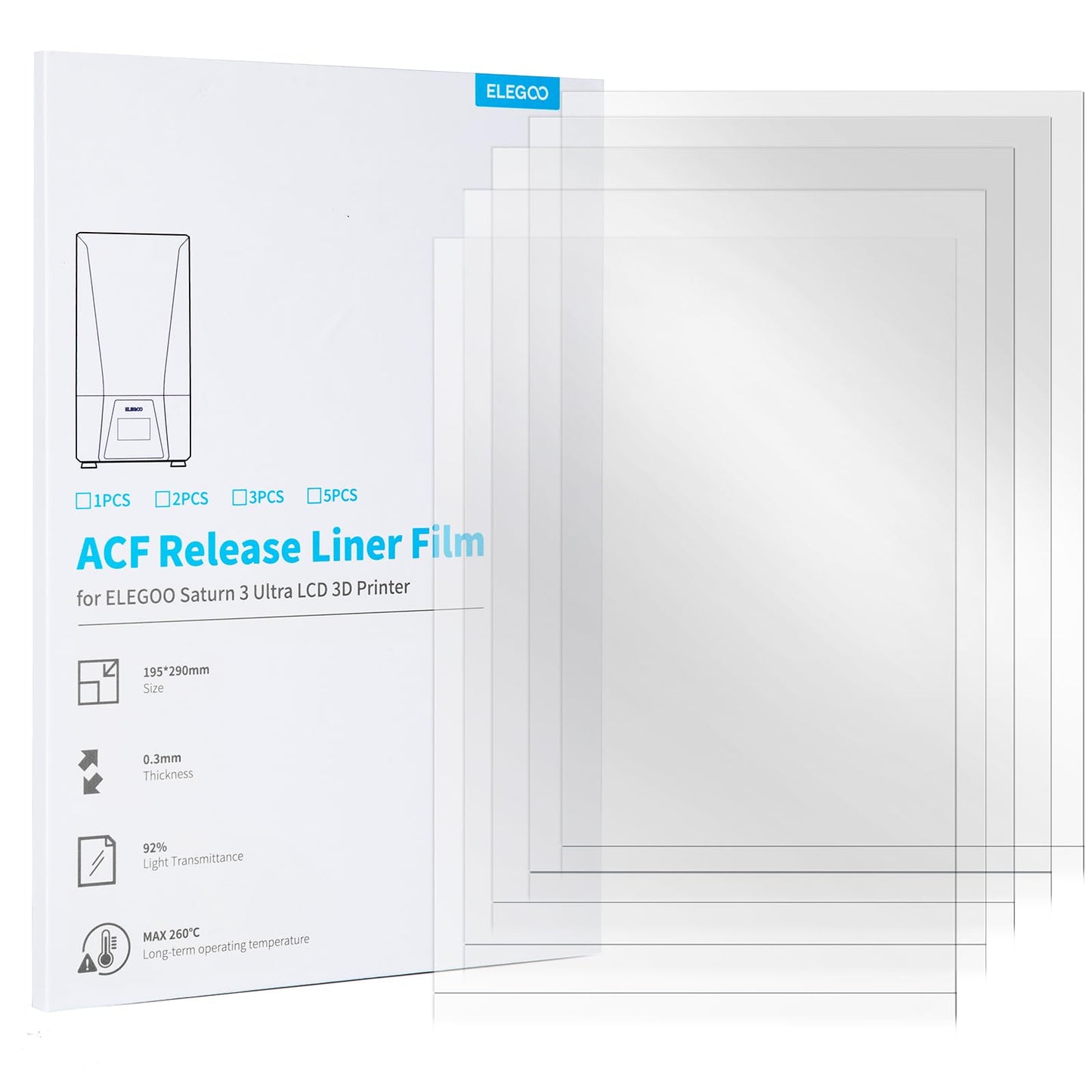 ELEGOO 5-pack ACF Film for Saturn 3 Ultra Resin 3D Printer, ACF Release Liner Film with Lower Release Tension, Supports Three Times Faster Printing, 290 x 195 mm, 0.3 mm Thickness