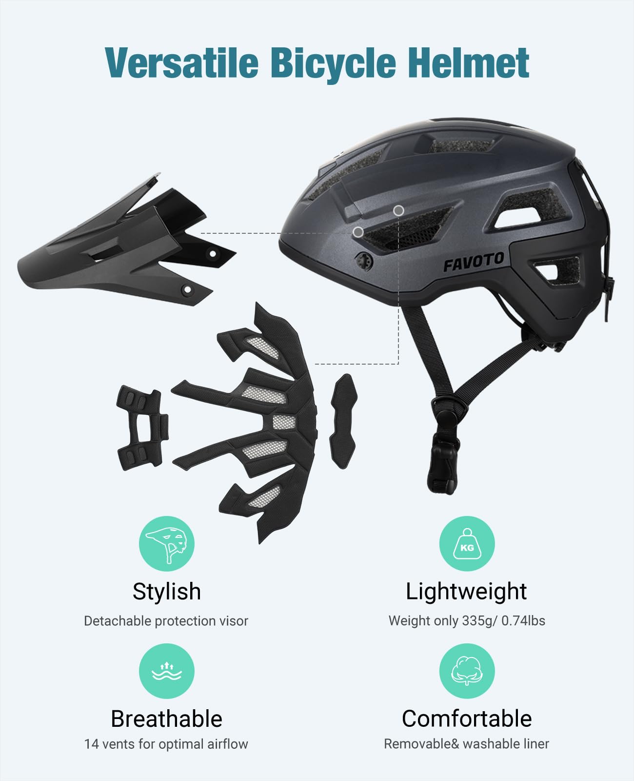 Favoto Mountain Bike Helmet with Visor Lightweight - Double In-Mold Technology MTB Helmet for Men Women Road Cycling Helmet L(59-61cm) Adjustable Grey