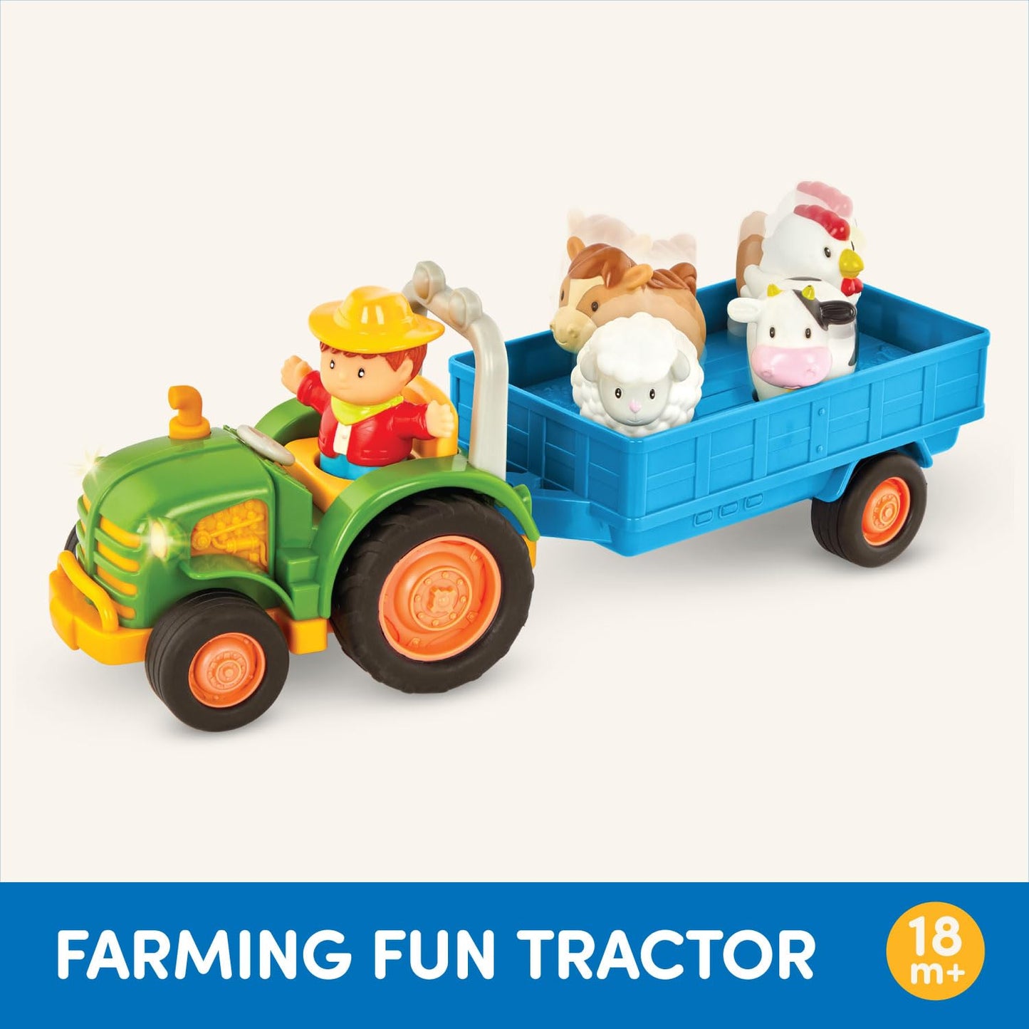 Battat tractor toy with trailer, farm animals, farmer, lights, music, tractor and animal sounds - farm toy, educational toy for children aged 18 months+.