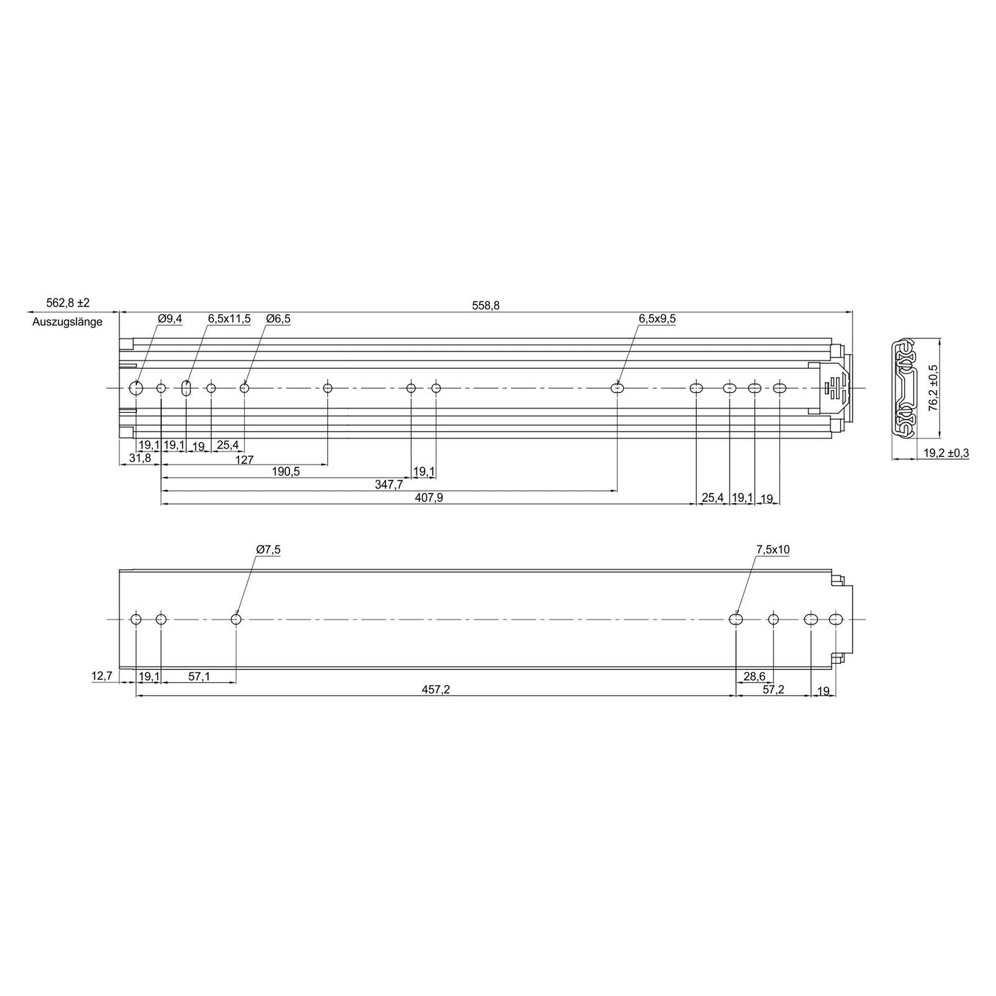 1 pair of Junker heavy-duty slides KV2-200-H76-L550-NF 558.8 mm heavy-duty full extension capable of supporting up to 200 kg.