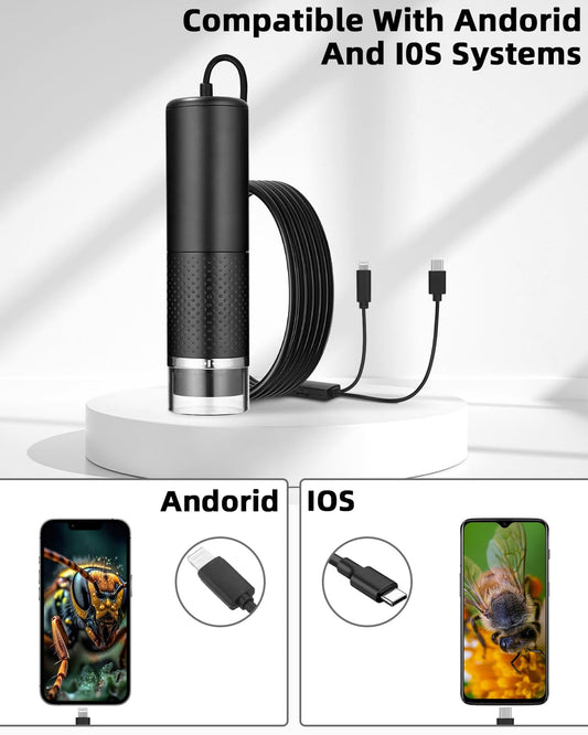 USB Microscope for Phone, 1080P HD, Compatible with iOS, Android, Tablet, 10 to 200X Portable Pocket Microscope, 3 Adjustable LED Lights Microscope Digital, Portable Microscope for Adults and Kids