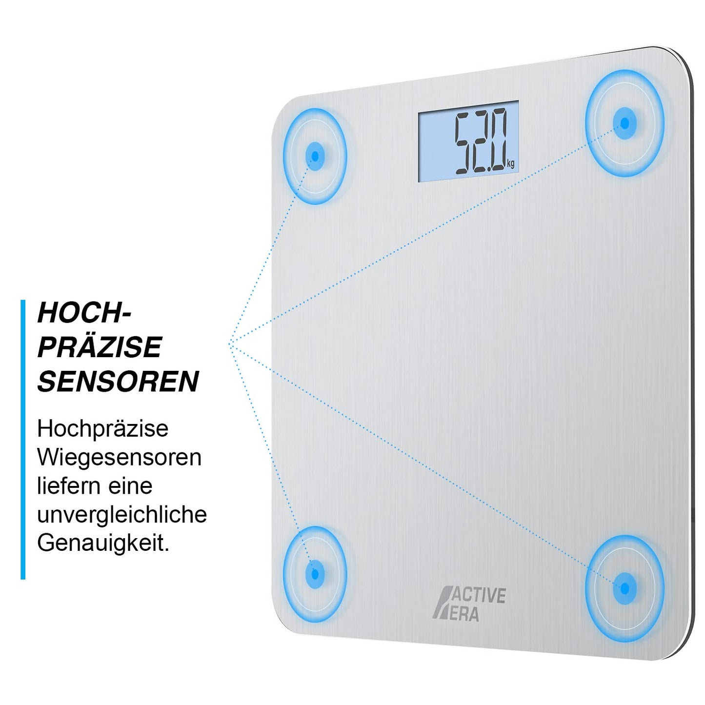 ACTIVE ERA Ultra-Slim Digital Body Weight Scale with precise accuracy and Step-On Technology - Scale made of safety glass and with large LCD display - Steel