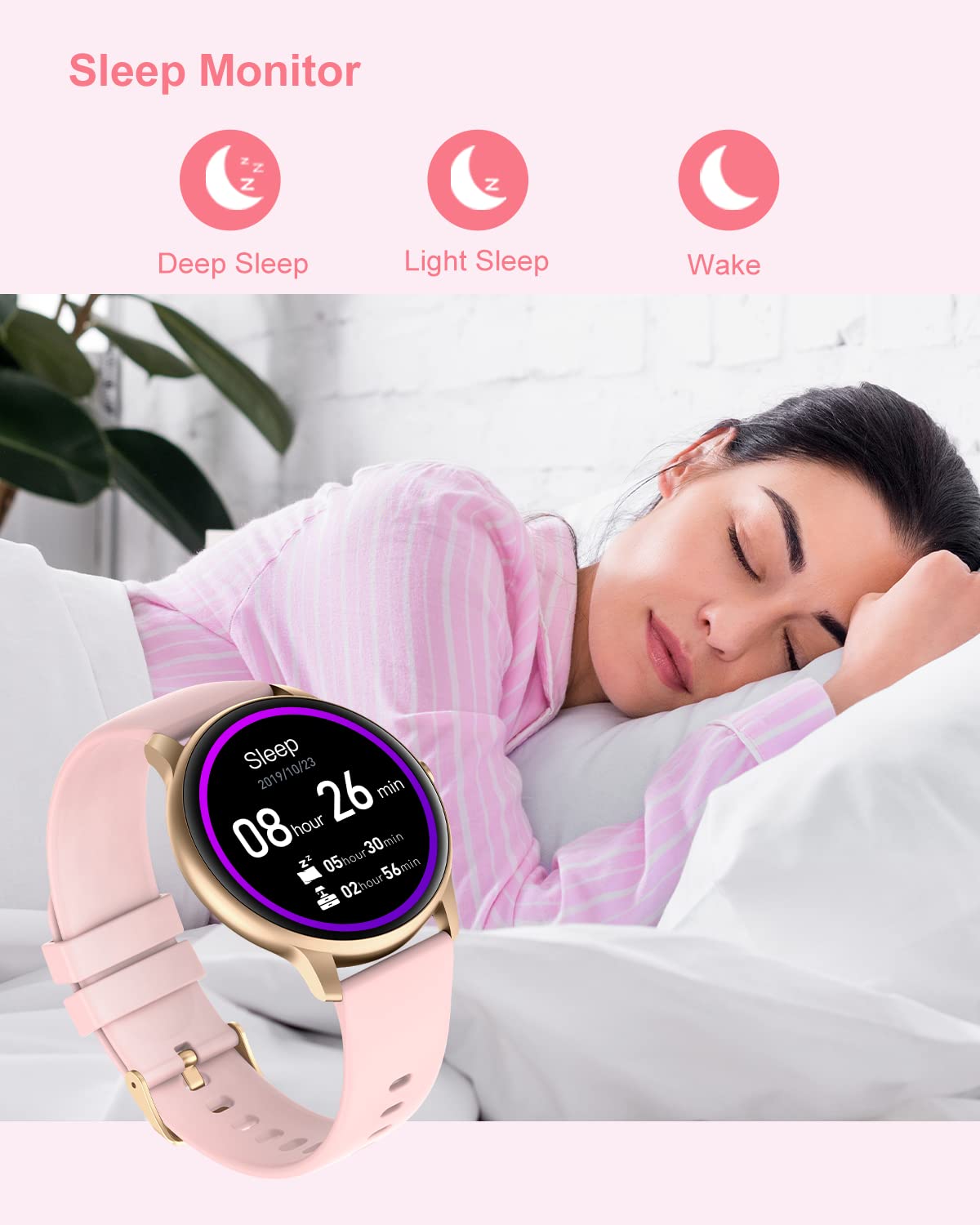 GRV Round Smartwatch for women and men with heart rate monitor, pedometer, sleep tracker, 7 days battery life, personalized watch face.