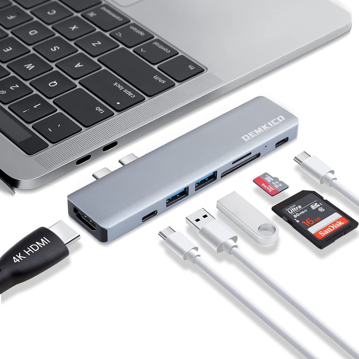 7 IN 2 USB C Hub for MacBook Pro MacBook Air, DEMKICO USB C Dock, MacBook Pro Adapter with 4K HDMI, USB 3.0 & USB 2.0 ports, SD/TF card reader, Thunderbolt 3 (87W PD), and USB C Female Port.