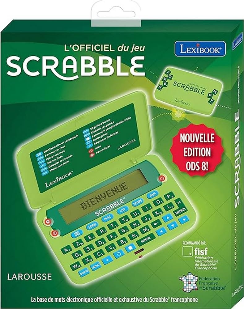 Lexibook -SCR8FR Scrabble ODS8 Electronic Dictionary Larousse FISF Ergonomic Format Large Buttons Arbike Correction Device Definitions Battery Operated Green Blue SCR8FR