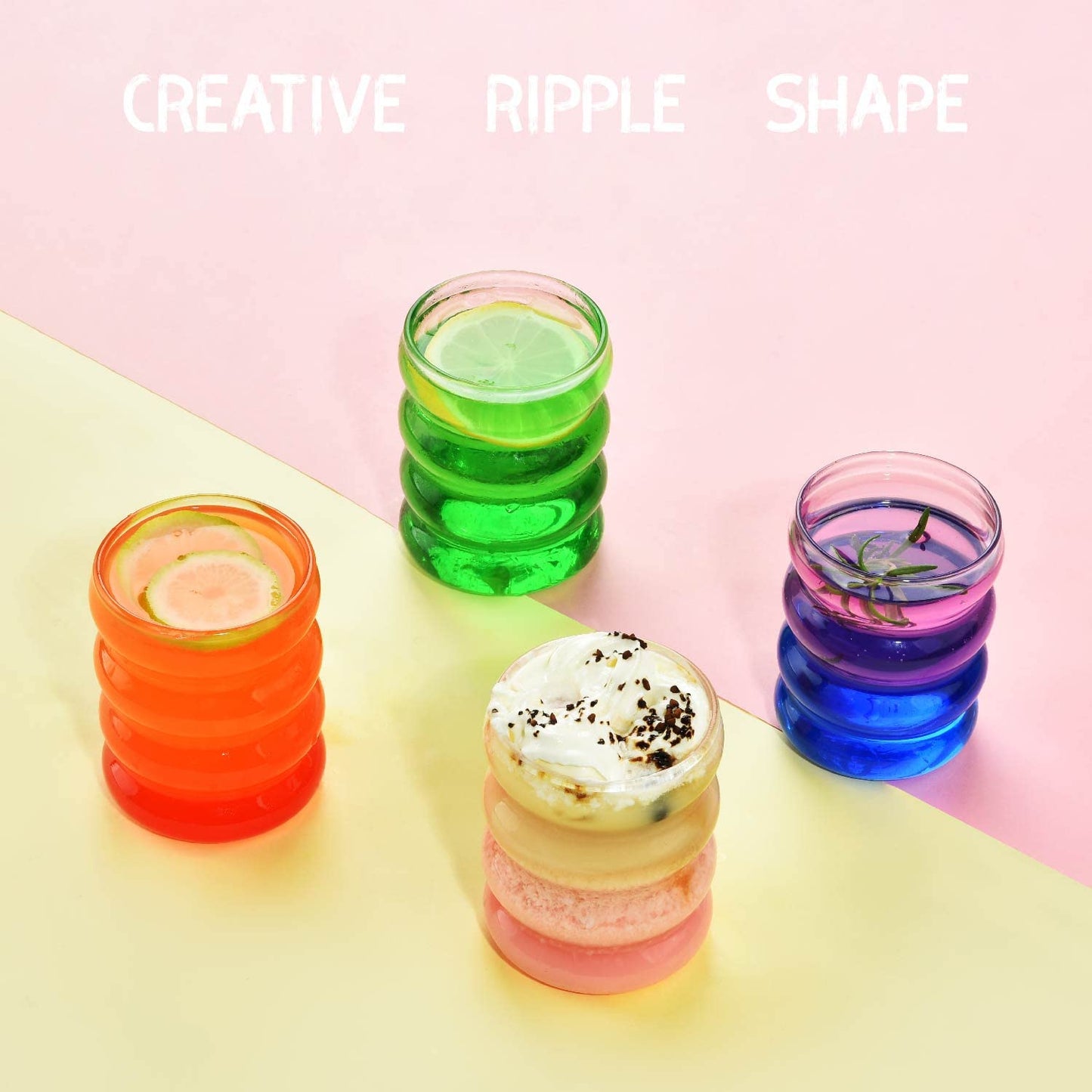 ALINK Ribbed Drinking Glasses with Glass Straws 4-Piece Set, 350ml Iced Coffee Glasses, Wave Glass Tumblers, Water Glasses, Long Drink Glasses, for Cocktails, Water, Soda, Gift with Brush.