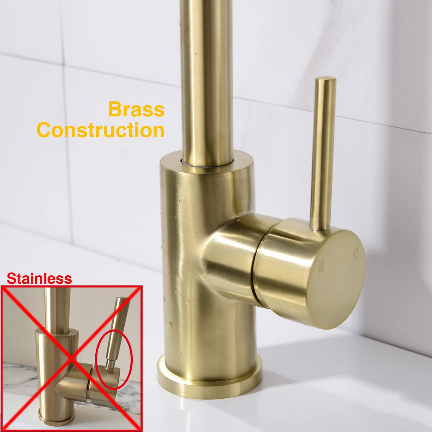 TRUSTMI Brass Faucet Single Handle High Arc Kitchen Sink Faucet Swivel C-Spout, Brushed Gold