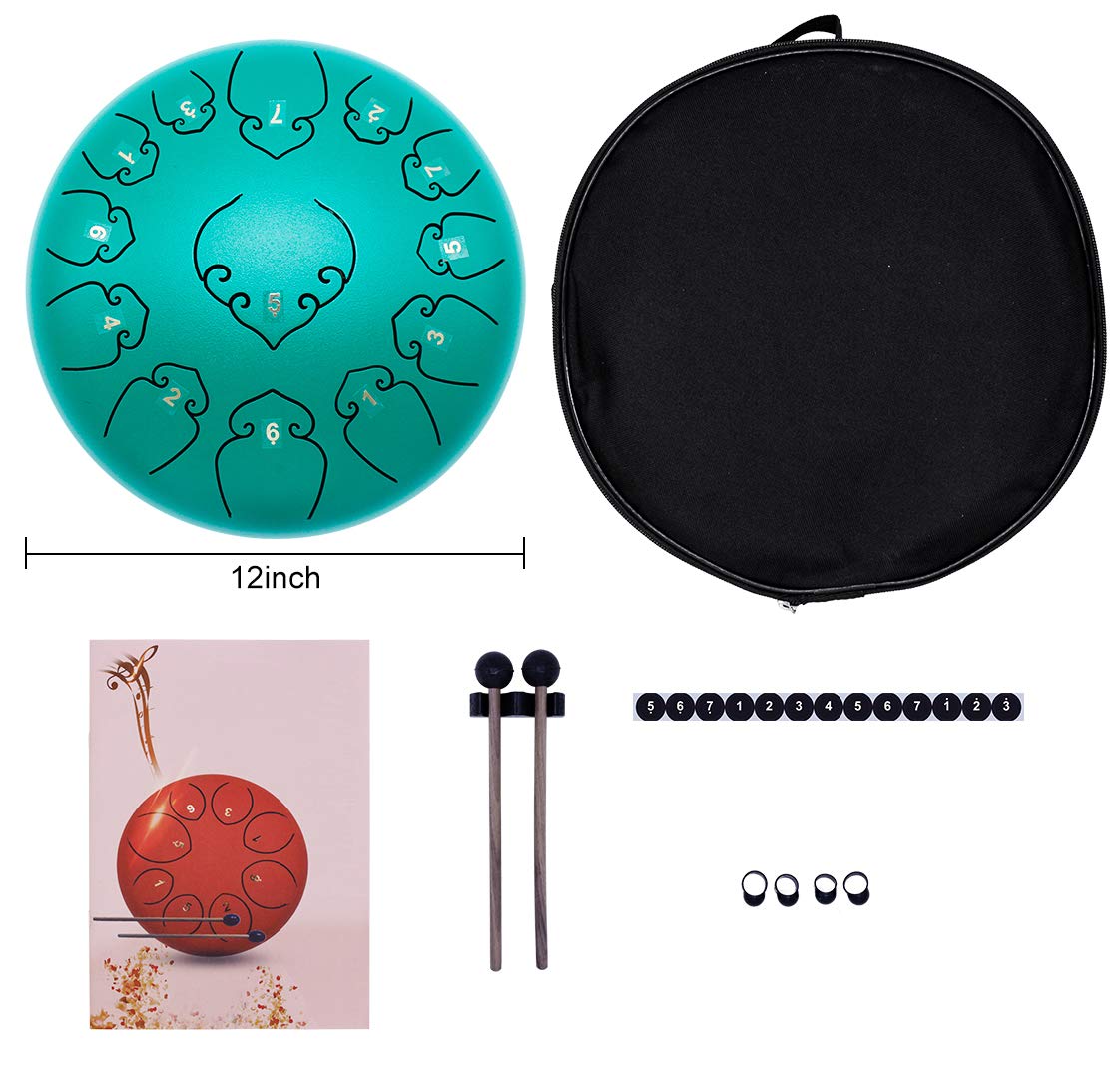 Amkoskr Steel Tongue Drum, 12 inch 30 cm Steel Tongue Drum, C major 13 notes, Hand Drum HandPan Drum with Drumsticks/Carrying Bag (Green)