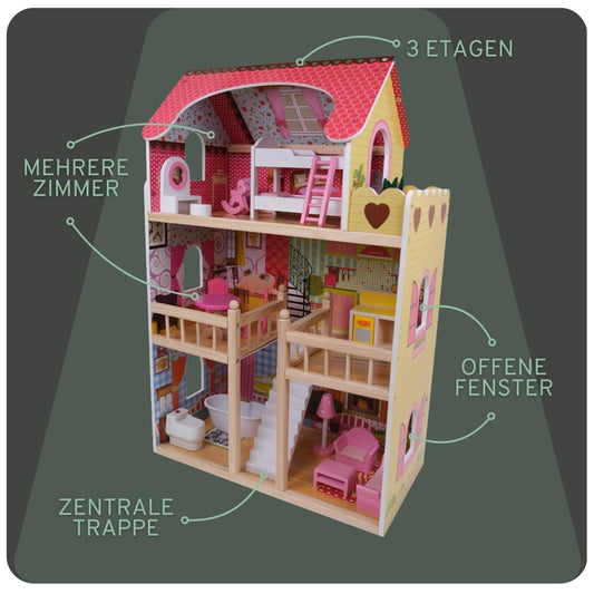 Bandits & Angels Wooden Dollhouse Pink House of Angels for ages 3 and up 90 cm tall - Includes 16 furniture pieces - With sound - Dollhouse - Doll toy