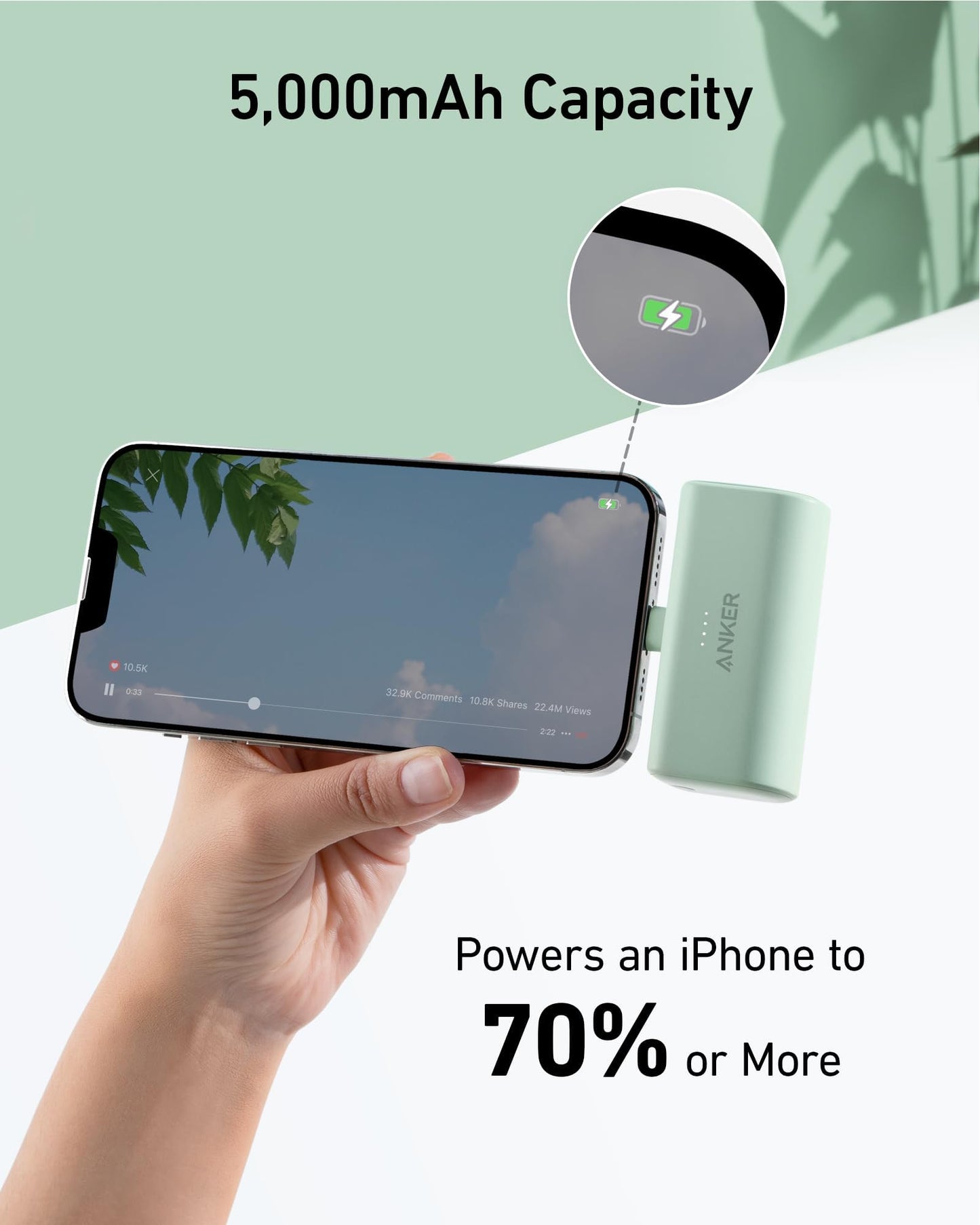 Anker 621 Powerbank with built-in Lightning connector, 5,000 mAh MFi-certified 12W external battery pack, compatible with iPhone 14/14 Pro/14 Plus/14 Pro Max, iPhone 13 and 12 series.