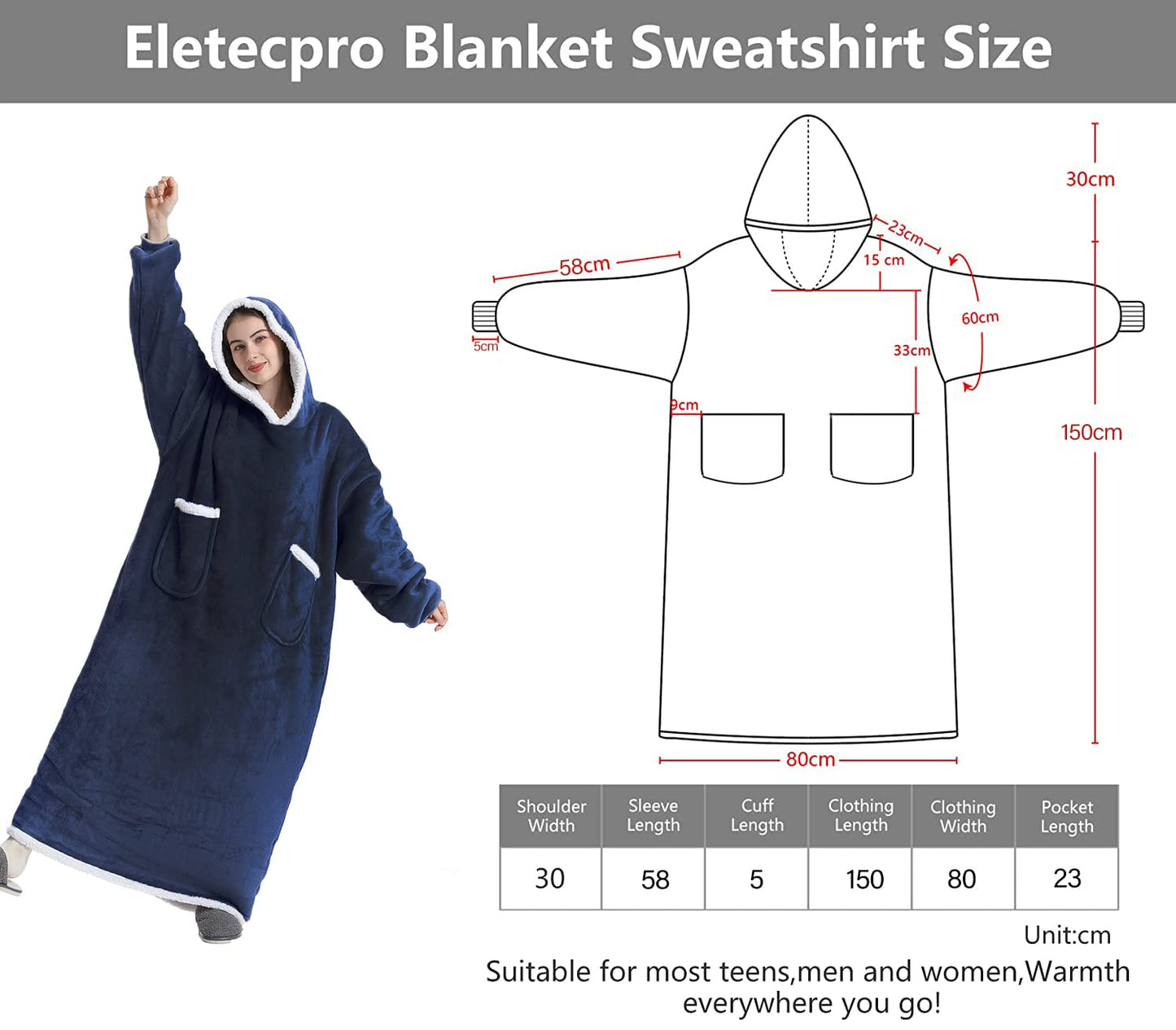 Sleeved blanket, oversized hoodie soft warm flannel wearable full body blanket, sherpa hooded sweatshirt for men/women, wearable full body blanket, blue