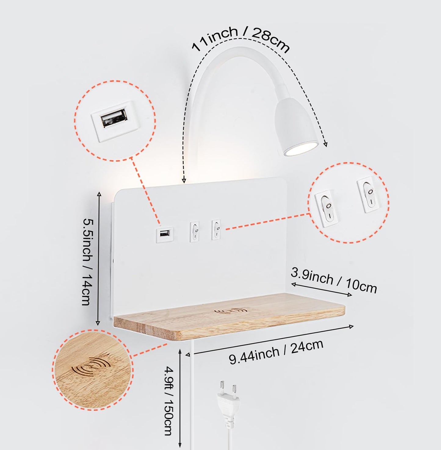 White LED indoor wall light with plug, bedroom wall lamp with USB ports and 10W wireless charger, adjustable and flexible swan-neck reading lamp, 3000K bedside lamp with backlight.