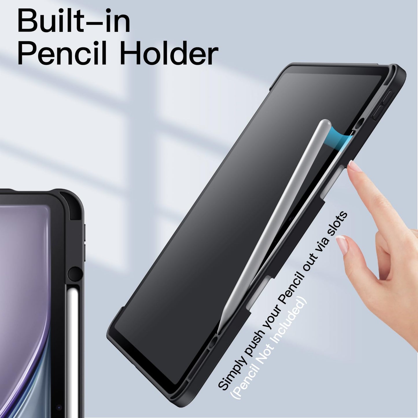 JETech case for iPad Air 13 inch M3/M2 (2025/2024) with pencil holder, Clear Transparent Back Shell Thin Stand Shockproof Tablet Cover, Auto Wake/Sleep (Black)