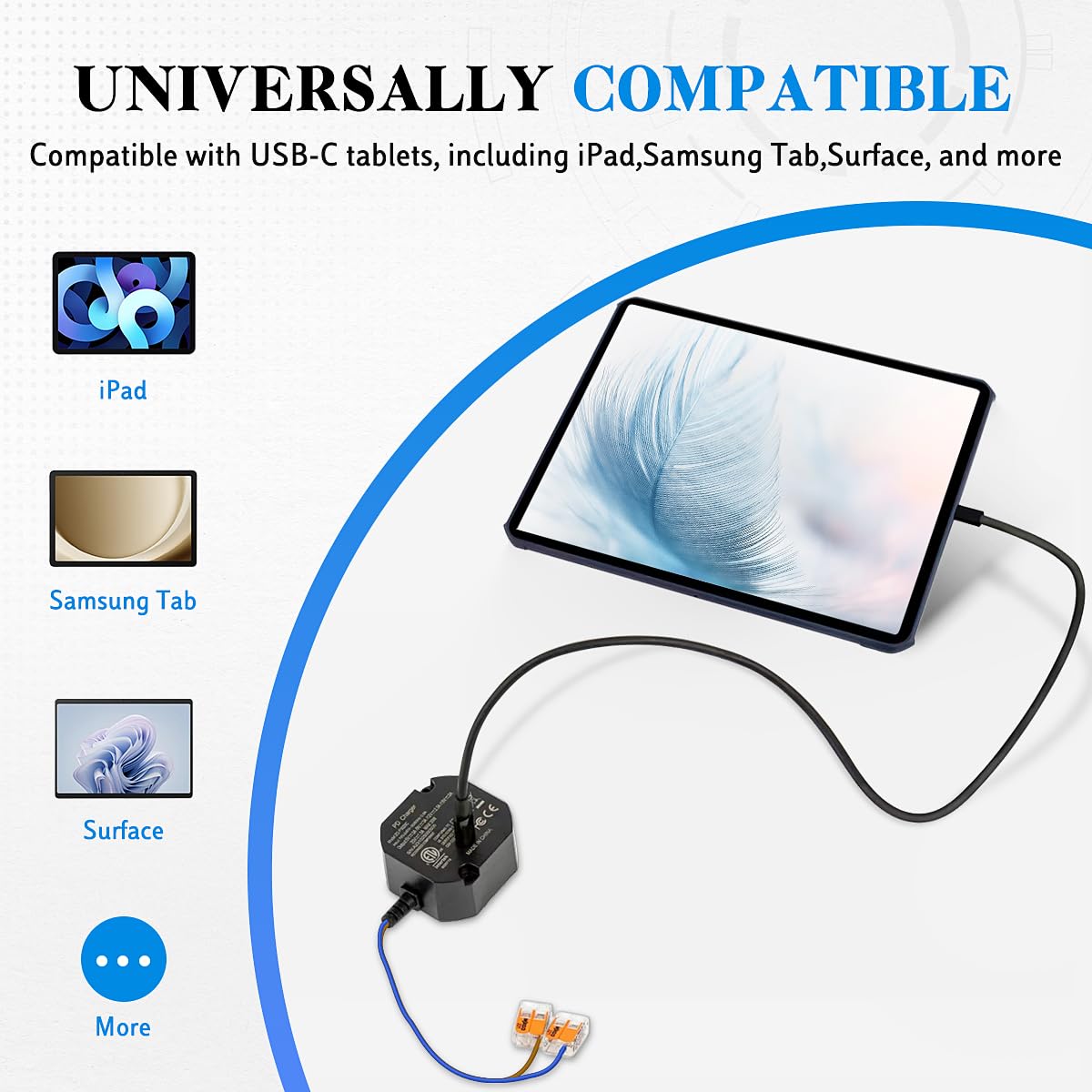 30W USB Type C Power specifically designed for USB C tablets like iPad - fits 86x86mm junction boxes in walls. PSE certified with auto-negotiation for 100~240V/AC 50Hz input, and 5V/3A 9V/3A 12V/2.5A 15V/2A 20V/1.5A output.