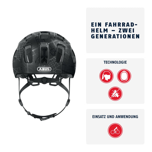 ABUS bike helmet Youn-I 2.0 - with light for kids, teenagers, and young adults - for girls and boys - Black with pattern, size M