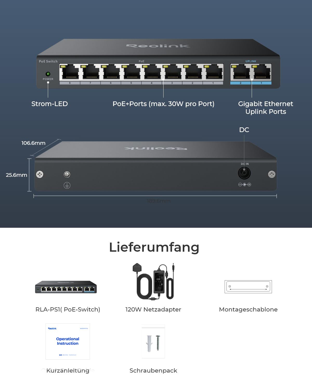 Reolink 8-port PoE switch with 2 gigabit uplink ports, up to 120W total power for all PoE ports, network switch ideal for NVR and PoE IP cameras, IEEE802.3af/at, unmanaged, RLA-PS1.