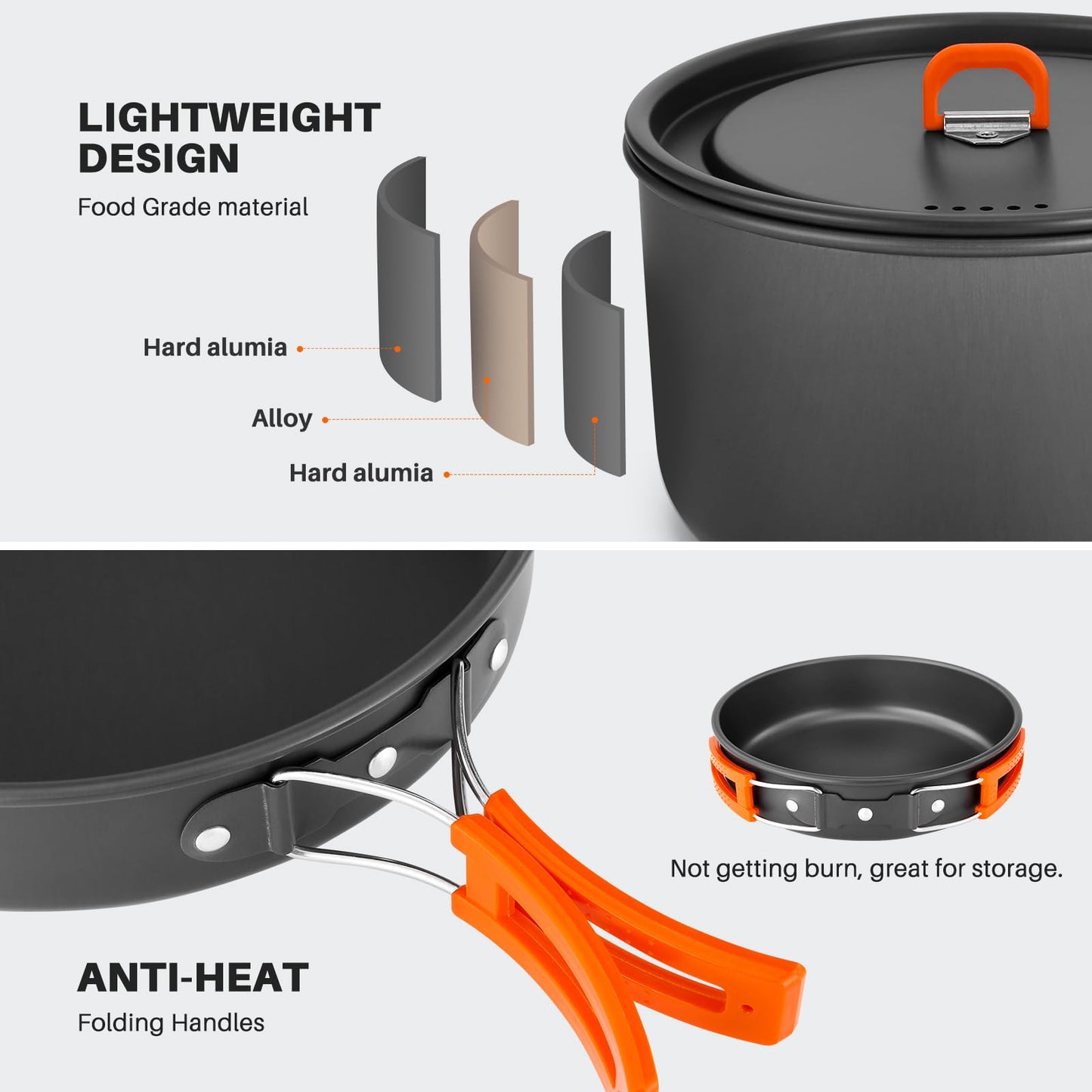 Odoland Camping Cookware Set, 10-piece outdoor dish set with camping pot 2.9L, camping frying pan 0.9L, and teapot 1.6L for camping, outdoor cooking, hiking, and traveling.
