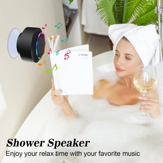 Bluetooth shower speaker, portable waterproof Bluetooth speaker with suction cup, integrated microphone. Perfect for bathroom, parties, and the beach. Great gift idea!