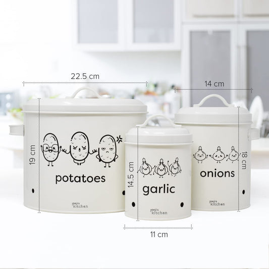 Joeji's Kitchen potato storage box set of 3 metal potato onion garlic storage with lid featuring 360° air circulation to keep vegetables fresh longer Vegetable storage - Cream
