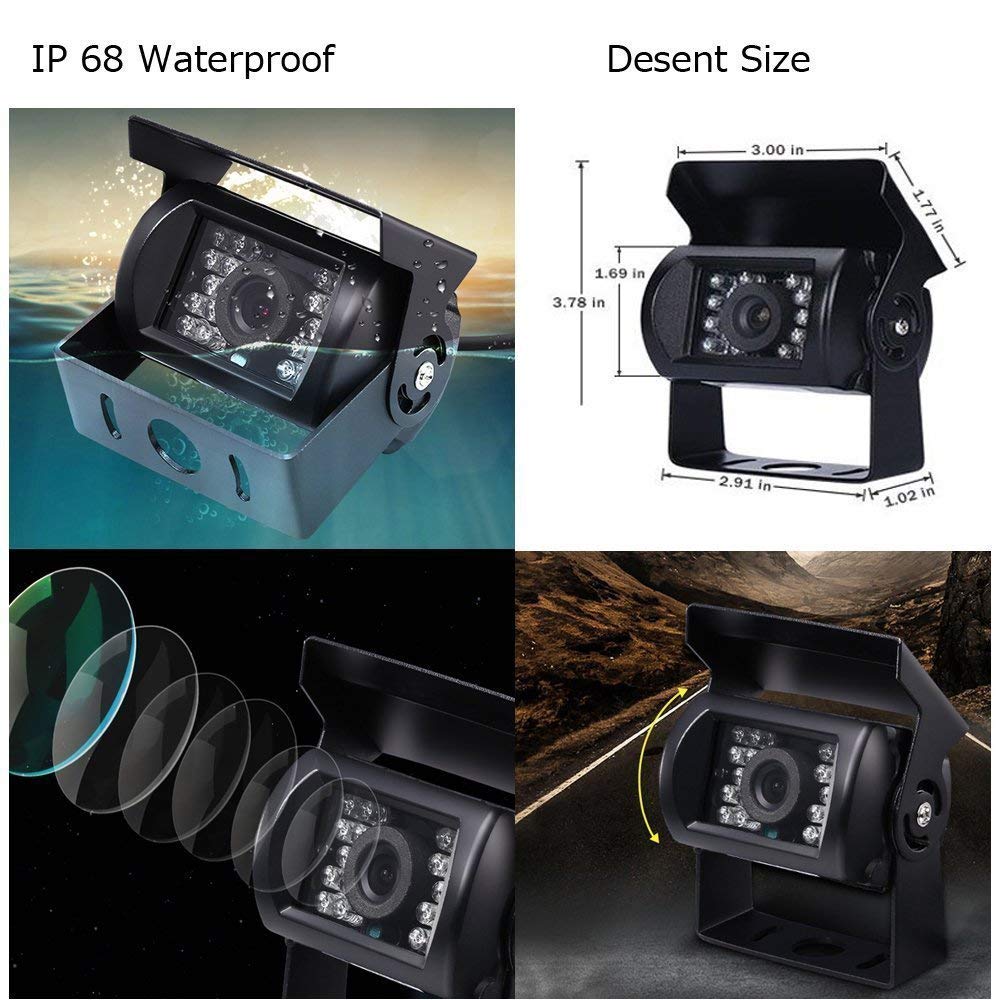 9 inch rear view camera set monitor with 4 pin cable, 4 waterproof night vision mirror cameras for trucks, RVs, trailers, caravans, and agriculture. 12V/24V/35V rearview camera cable for parking assistance.