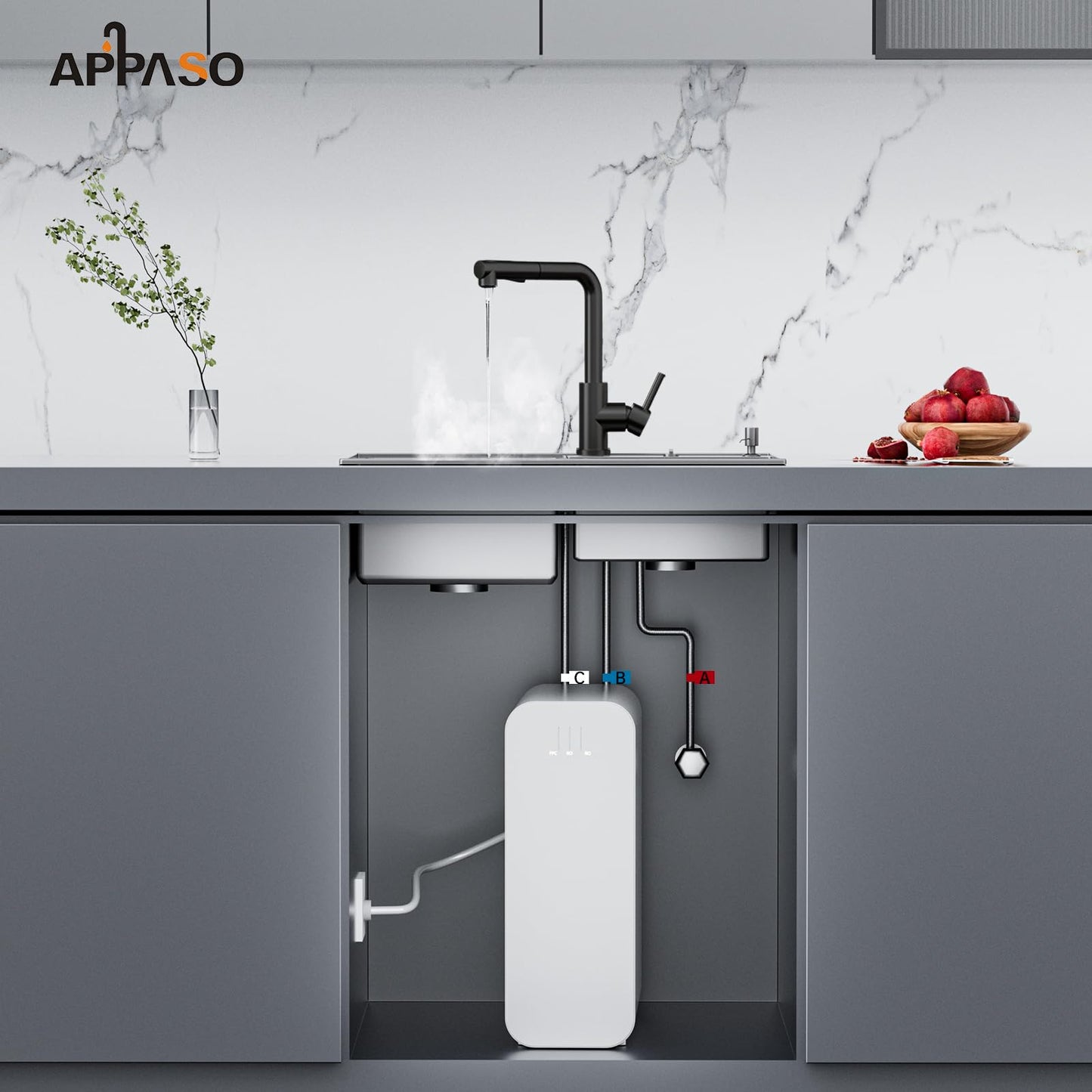 APPASO Low Pressure Kitchen Faucet Black, Kitchen Tap 3 Connectors, Low Pressure Kitchen Mixer Tap, Low Pressure Sink Mixer with 2 Spray Modes, Stainless Steel Black Mixer for Boiler.