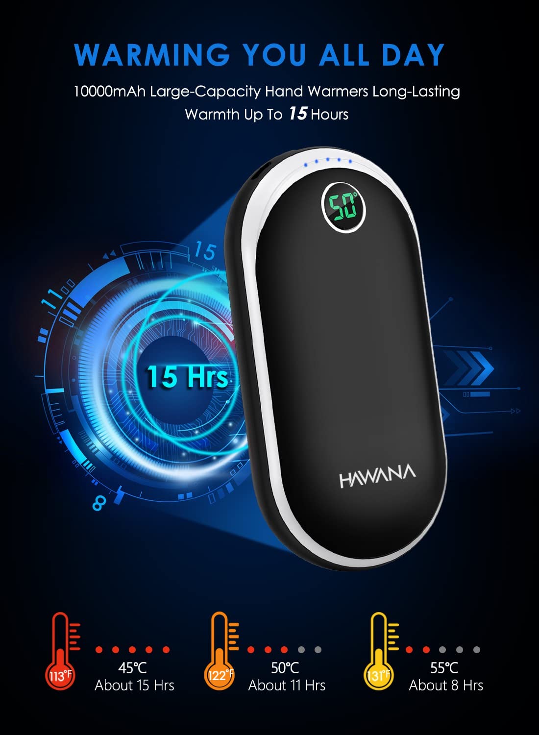 Rechargeable hand warmer, USB pocket heater with 10000mAh portable power bank. Digital electric hand warmer with 3 heat levels. Winter gifts for women, men, families, outdoor sports.