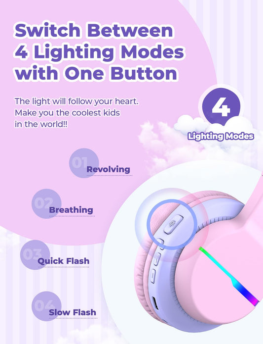 iClever Bluetooth Kids Headphones, Colored LED Lights, Over-Ear Kids Headphones with 74/85dBA Volume Limiting, 85 Hours Playtime, Bluetooth 5.2, Built-in Microphone BTH12